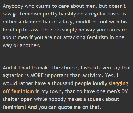  Anybody who claims to care about men, but doesn't savage feminism pretty harshly on a regular basis, is either a damned liar or a lazy, muddled fool with his head up his ass. There is simply no way you can care about men if you are not attacking feminism in one way or another.   And if I had to make the choice, I would even say that agitation is MORE important than activism. Yes, I would rather have a thousand people loudly slagging off feminism in my town, than to have one men's DV shelter open while nobody makes a squeak about feminism! And you can quote me on that. 