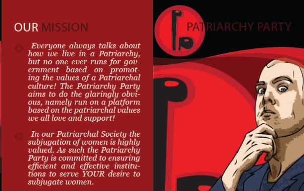 From the Patriarchy Party's actual pamphlet. I'm not sure there's enough red in it.