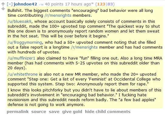 johndoe42 40 points 17 hours ago* (123|83)  Bullshit. The biggest comments "encouraging" bad behavior were all long time contributring /r/mensrights members.  /u/blueoak9, whose account basically solely consists of comments in this subreddit, made the 100+ upvoted top comment "The quickest way to shut this one down is to anonymously report random women and let them sweat in the hot seat. This will be over before it begins."  /u/froggymorning, who had a 50+ upvoted comment noting that she filled out a false report is a longtime /r/mensrights member and has had comments with hundreds of upvotes.  /u/muffinizer1 also claimed to have "fun" filling one out. Also a long time MRA member (has had comments with 5-25 upvotes on this subreddit older than 20 days).  /u/whitethrone is also not a new MR member, who made the 20+ upvoted comment "Step one: Get a list of every 'Feminist' at Occidental College who supported this system. Step two: Anonymously report them for rape."  I know this looks pitchforky but you didn't have to lie about members of this subreddit's involvement in "encouraging bad behavior." I fucking hate revisionism and this subreddit needs reform badly. The "a few bad apples" defense is not going to work anymore.