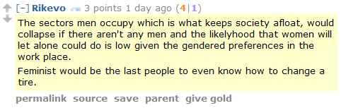Rikevo 3 points 1 day ago (4|1)  The sectors men occupy which is what keeps society afloat, would collapse if there aren't any men and the likelyhood that women will let alone could do is low given the gendered preferences in the work place.  Feminist would be the last people to even know how to change a tire.
